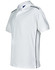 A white men's polo shirt with black side piping and a collar. It features a logo on the chest.