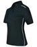 A ladies' polo shirt in black with white contrast piping and a classic collar. It features short sleeves and a logo.