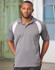 A men's polo shirt in grey with white and black accents, featuring a logo on the chest.