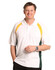 A men's tri-sport polo in white with yellow and green accents, featuring a logo on the chest.