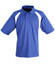 Men's polo shirt in blue with white side panels, featuring a collar, short sleeves, and a logo.