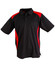 A black polo shirt with red side panels and a collar, featuring a logo on the chest.