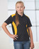 A black and yellow polo shirt featuring a branding logo, worn by a girl with long hair and standing confidently.
