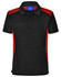 A black polo shirt featuring red side panels and a collar, with a logo on the chest.