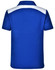 A blue children's polo shirt featuring a white shoulder design and a logo on the back.