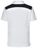 A children's polo shirt in white with a black back panel and a logo.