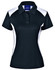 A black ladies' polo shirt with white side panels and a collar, featuring a logo on the chest.