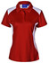 A red polo shirt with white side panels and a collar. It features a zippered neckline and includes a logo.