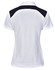 A white ladies' polo shirt featuring a black back panel and a collar, with a logo on it.