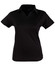 A black polo shirt with a V-neck and short sleeves, featuring a logo on the chest.