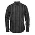 A long sleeve button-up shirt featuring a black and grey plaid pattern, with a collar and a logo.