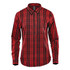A red and black checkered long sleeve button-up shirt with a branding logo.