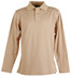 A long sleeve polo shirt in a beige colour with a collar and three buttons, featuring a logo.