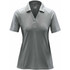 A women's polo shirt in a heathered light grey colour, featuring a classic collar and short sleeves. It has a logo.