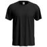 A black classic T-shirt featuring a round neckline and short sleeves. It has a logo on the label.