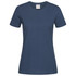 A women's heavyweight crew neck t-shirt in navy blue, featuring a label and a simple design.