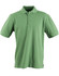 A green men's polo shirt featuring a classic collar and short sleeves, with a logo on the chest.