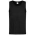 A black men's classic tank top with a round neckline and a logo label on the interior.
