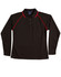 A black long-sleeve polo shirt with red piping and a collar. It features a logo on the front.