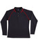 A black long-sleeve polo shirt with red accents and a collar, featuring a logo on the chest.