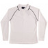 A long-sleeve white polo shirt featuring black piping and a logo on the collar.