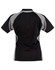 A black polo shirt with grey accents, featuring a logo on the collar and a sporty design.