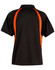 A black polo shirt featuring orange accent stripes, designed as a men's sporting garment. It includes a collar and has a logo.