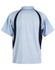 A light blue polo shirt with black side panels and a collar. Features a logo on the design.