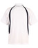 A white polo shirt featuring black side panels and a collar. The back has a logo prominently displayed.