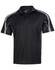 A black short sleeve polo shirt featuring contrasting grey detailing and a logo on the collar.