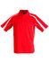 A red polo shirt with short sleeves, featuring white side stripes and a logo on the chest.