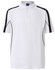 A white short sleeve polo shirt with navy blue side stripes and a logo on the chest.