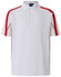 A white polo shirt with red accents and a collar, featuring a logo on the chest.