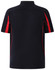 A navy blue polo shirt with red accents and a logo on the back. Short sleeves and a sporty design.