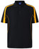 A black polo shirt with yellow side stripes and a logo. Short sleeves and a buttoned collar design.