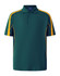 A green short sleeve polo shirt with yellow side stripes and a logo on the chest.