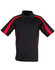 A black polo shirt with vibrant red accents and a branded logo on the chest. Short sleeves and a classic collar design.