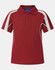 A red polo shirt featuring white accent panels and a classic collar, with three buttons at the front.