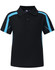 A black polo shirt with blue accents, featuring a classic collar and button placket, and includes a logo.
