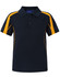 A navy blue polo shirt with yellow accents and a mesh detail on the sides. It features a collar and three buttons.