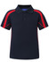 A kids' short-sleeve polo shirt in navy with red accents and a collar, featuring a small logo.