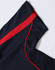 A navy polo shirt with red detailing along the seams and shoulders, featuring a branded logo.