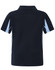 A short-sleeved navy polo shirt featuring light blue accents and a logo on the back.