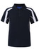 A navy blue kids' polo shirt with white detailing and a logo, featuring a classic collar and button placket.