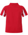 A red polo shirt with white side accents and a collar, featuring a logo on the back.