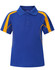 A blue polo shirt with yellow accents and a three-button placket, featuring a branding logo on the chest.