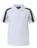 A white kids' polo shirt with navy accents and a logo on the chest. Short sleeves and a classic collar design.