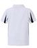 A short-sleeved white polo shirt featuring black side detailing and a collar, with a logo on the back.