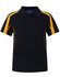 A black kids' polo shirt with yellow accents, featuring a collar and buttons, and includes a logo.