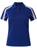 A blue polo shirt with white accents and a logo, featuring a classic collar and short sleeves.